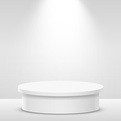 Stage Podium Scene for Award Ceremony illuminated with spotlight. Award ceremony concept. Stage backdrop.