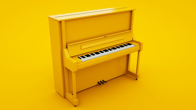 Yellow Classic Upright Piano. Minimal idea concept, 3d illustration
