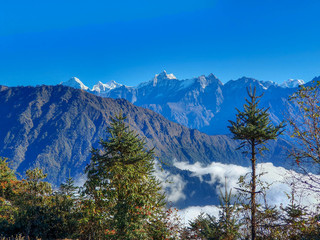 Beautiful morning view at the top of Taksindu La pass. Everest base camp trek: from Taksindu to Salleri. Himalayas, Nepal.