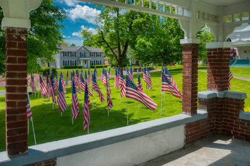 Memorial day flags displayed around gazebo in small Upstate NY town 
