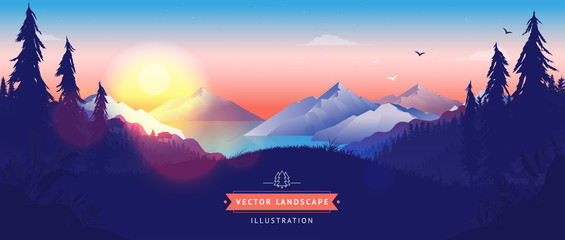 Vector landscape illustration - Sunset over stunning forest, ocean and mountain environment. Birds flying in the sky, peaceful wilderness, mindfulness, meditation background.