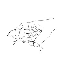 Outline sketch of mother hand holding baby arms.