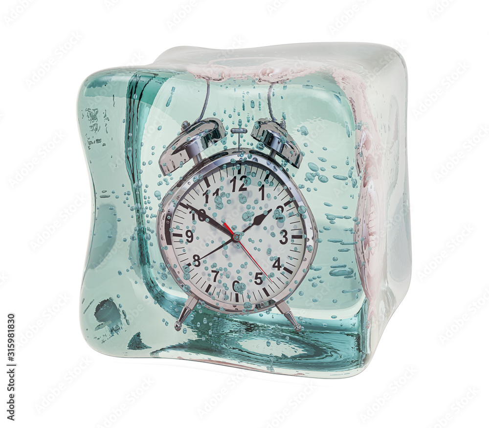 Poster alarm clock frozen in ice cube. freeze time concept, 3d rendering