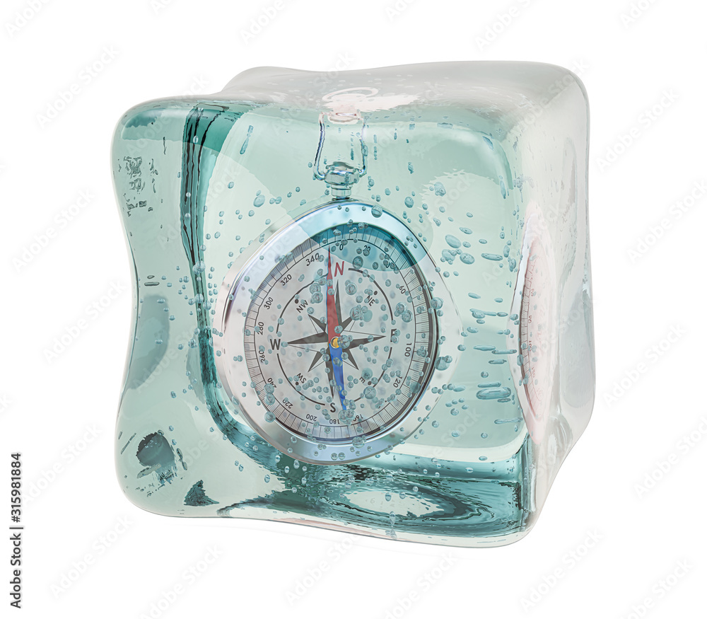 Poster compass frozen in ice cube. 3d rendering