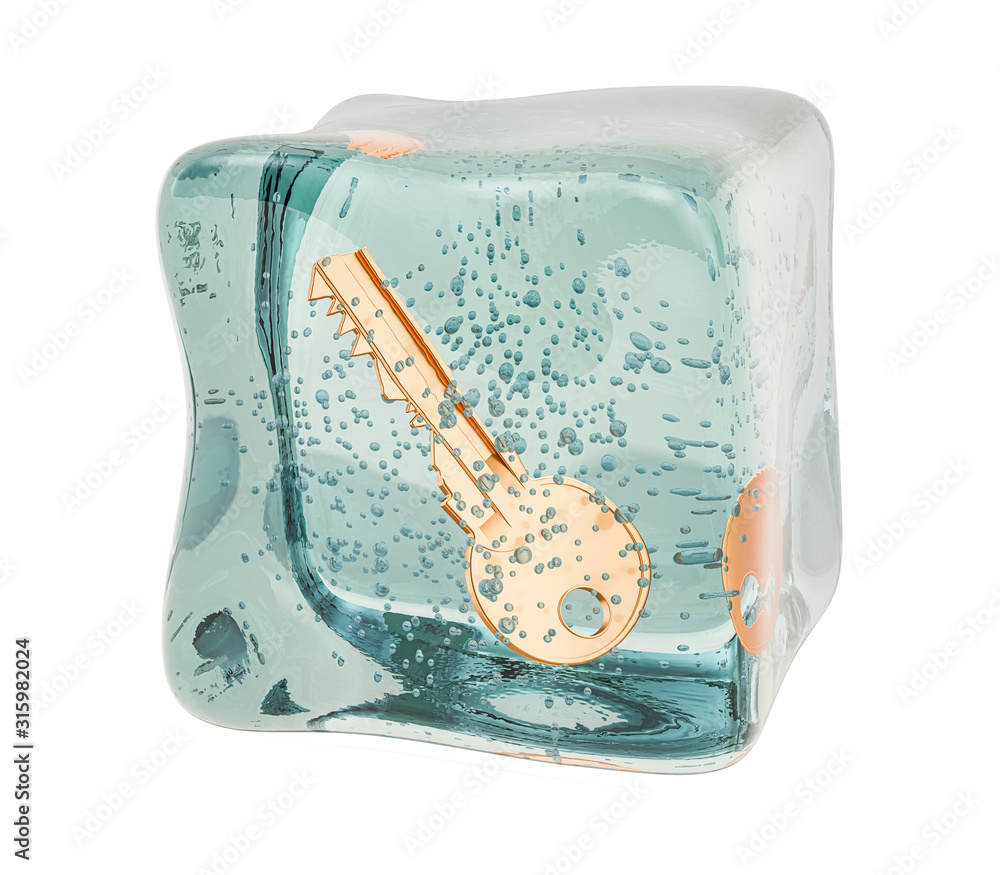 Poster key frozen in ice cube, 3d rendering