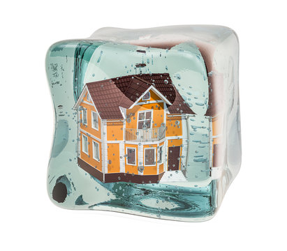 Home frozen in ice cube, 3D rendering