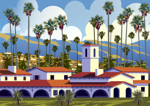 Californian cityscape with palm trees, houses and mountains in the background.