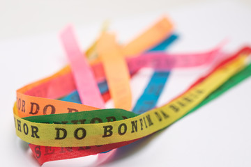 Lucky bracelets typical of Bahia, Brazil (Lembrança do Senhor do Bonfim da Bahia). Translation:...
