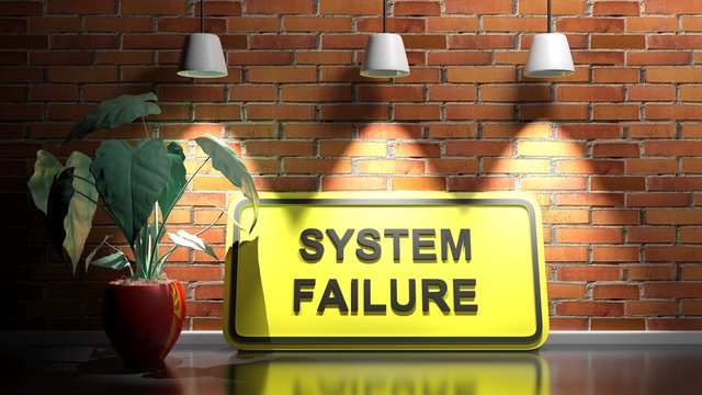 SYSTEM FAILURE yellow sign at red bricks wall -3D rendering illustration