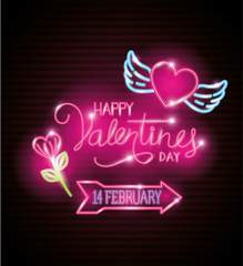 happy valentines day label in neon light, icons valentine day vector illustration design
