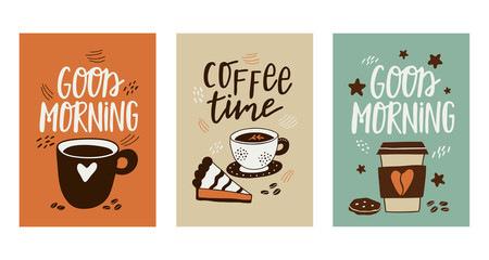 Vector set of cards with coffee. Templates with grinder, cup and cake with smear for flyers, banners, invitations, restaurant or cafe menu design. Hand-drawn illustration.
