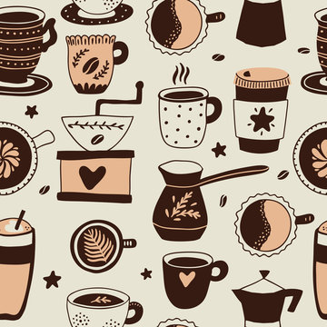 Seamless pattern of coffee. Set of hot drinks - coffeemaker machine,  cups, beans, grinder. Background for restaurant or cafe menu, shop wrapping paper. Vector hand-drawn illustration.