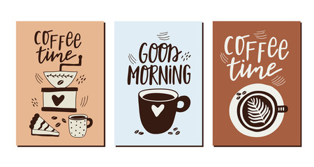 Vector set of cards with coffee. Templates with grinder, cup and cake with smear for flyers, banners, invitations, restaurant or cafe menu design.