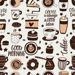 Seamless pattern of coffee. Background for restaurant or cafe menu, shop wrapping paper. Hand-drawn illustration.