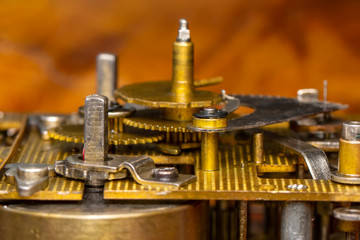 Vintage watch machine macro detail. Close up of old clock.