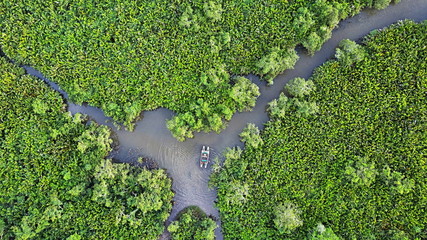 Boat on the river aerial view 