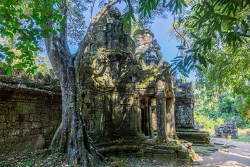Mystical and famous ruins of Anchor Wat in Cambodia with no people in summer