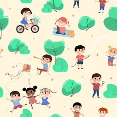Seamless pattern various children in the Park spend leisure time outdoors playing with a kite, riding a bike, doing yoga and sports, sunbathing. Cartoon colorful vector illustration.