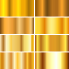 Vector shiny gold foil luxury collection. Swatch lovely set for fashion Illustration. Elegant light template. Realistic gradient icon texture metallic for frame, ribbon, banner, coin and label.