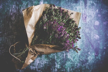 Lavender Flowers Bouquet on Rustic Dark Background