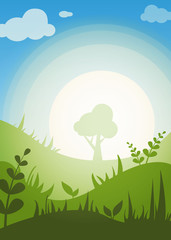 Nature summer landscape background with meadow, sky and sun. Vector design for template, cover, card