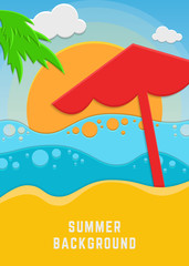 Fototapeta na wymiar Summer vacation background with sea, sky and sun. Design for template, cover, card.