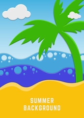 Summer vacation background with sea, sky, palm and sand. Design for template, cover, card
