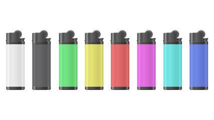 Realistic 3d Detailed Transparent Color Plastic Lighter Set Tool for Habit Smoker. Vector illustration of Colorful Burning Lighters.