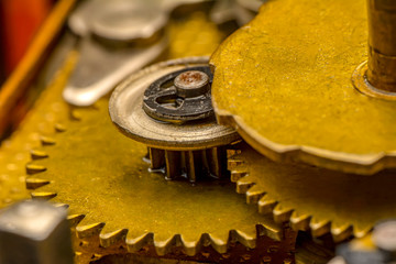 Vintage watch machine macro detail. Close up of old clock.