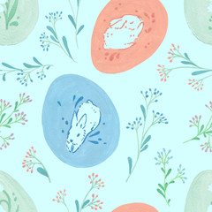 Easter eggs seamless pattern. Mint Easter banner background. Paschal bunny. Holidays herbal decoration. Easter celebration blush flowers. Gift wrap wallpaper. Blossom spring decorative floral art.