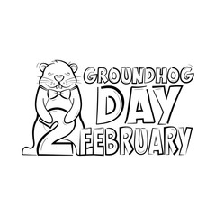 Groundhog day. Cute rodent holding the number 2. February holiday card. Vector illustration isolated in black and white style.