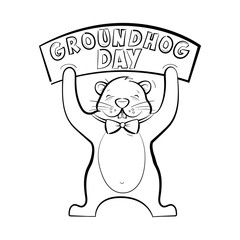 Happy Groundhog day. Sketch of a holiday American postcard. Rodent holding a placard with the inscription. Vector illustration isolated on a white background in black and white style.