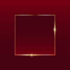 Red label with golden frame sparks on red background. Dark premium logo template. Vector illustration