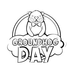 Groundhog day logo. A happy rodent holds a cloud with an inscription. American holiday. Vector illustration isolated on a white background.