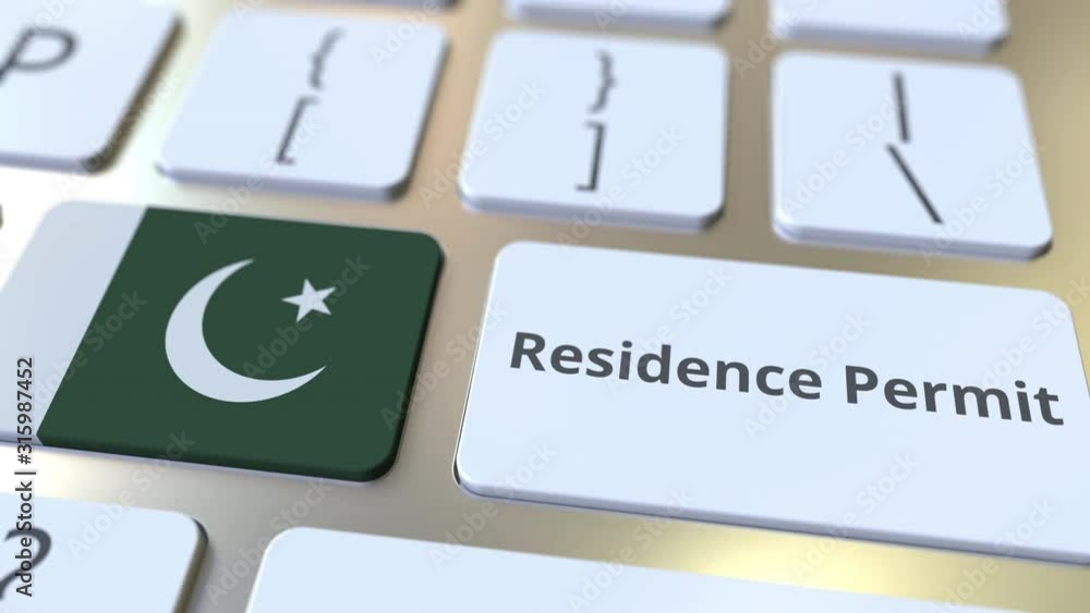 Poster residence permit text and flag of pakistan on the buttons on the computer keyboard. immigration rela