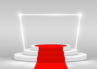 Stage Podium Scene for Award Ceremony illuminated with spotlight and red carpet. Award ceremony concept. Stage backdrop. - obrazy, fototapety, plakaty