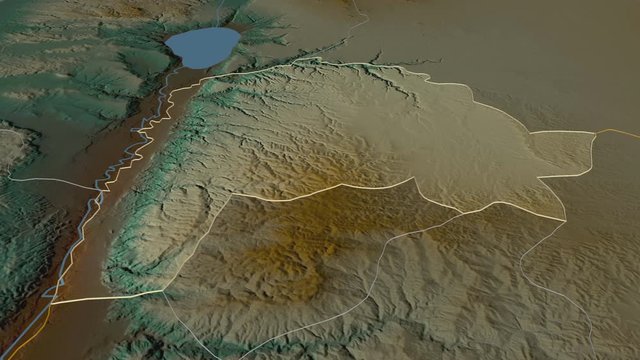 Irbid, province with its capital, zoomed and extruded on the relief map of Jordan in the conformal Stereographic projection. Animation 3D