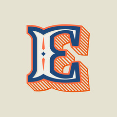 E letter logo in vintage western style with striped shadow.