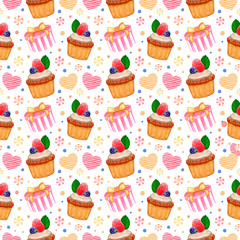 Watercolor hand drawn seamless pattern with cupcake, gift box, heart and candies on white background for cute holiday and Valentine's Day design; wrapping paper, greeting card, package, invitations
