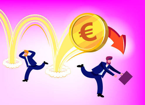 Illustration Of The Depreciation Of The National Currency Of The European Union (Euro) In The Form Of A Gold Coin. Businessmen Run Away In Panic Fear