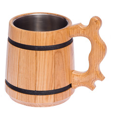 Wooden mug for beer on white background.