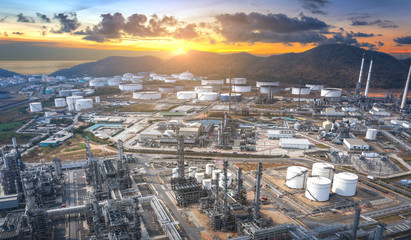 Aerial view of oil refinery plant,Industry Petrochemical at sunset,Thailand