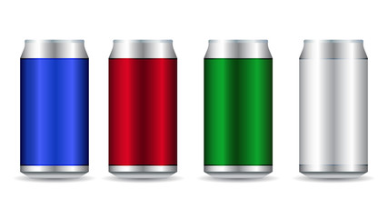 Realistic metal cans. Aluminum bear soda and lemonade cans, energy drink blank mockup.