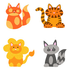 Collection of Four Cat Cartoon Illustrations of A Domestic Cat, Tiger and Lion Vectors