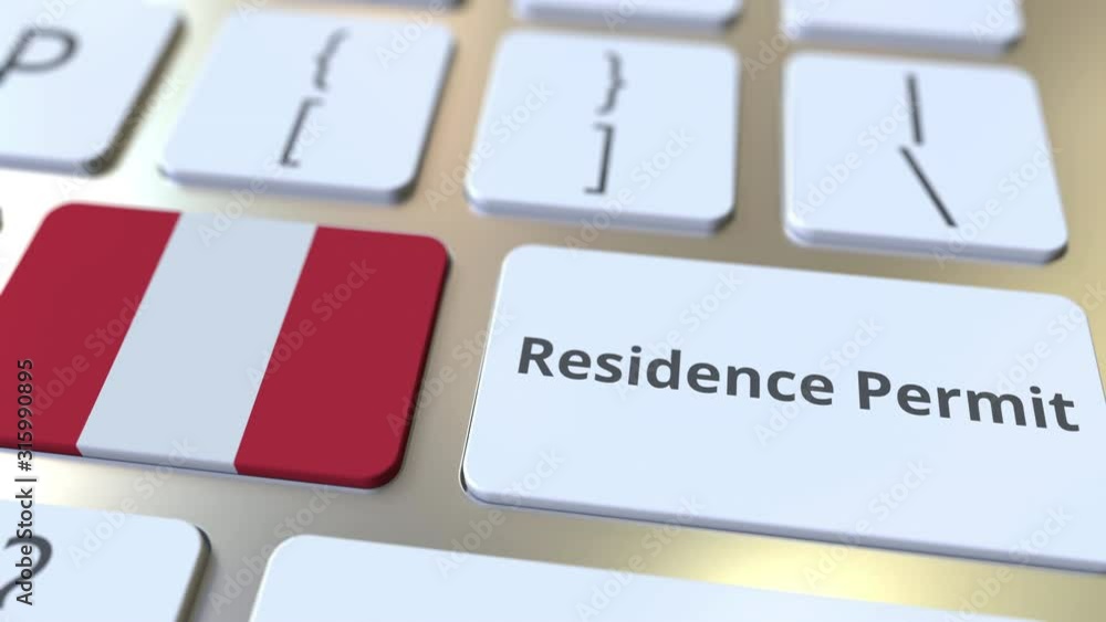 Aufkleber residence permit text and flag of peru on the buttons on the computer keyboard. immigration related 