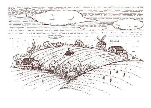 Rural landscape field and hills hand drawn illustration. Doodle sketch. Vector illustration.