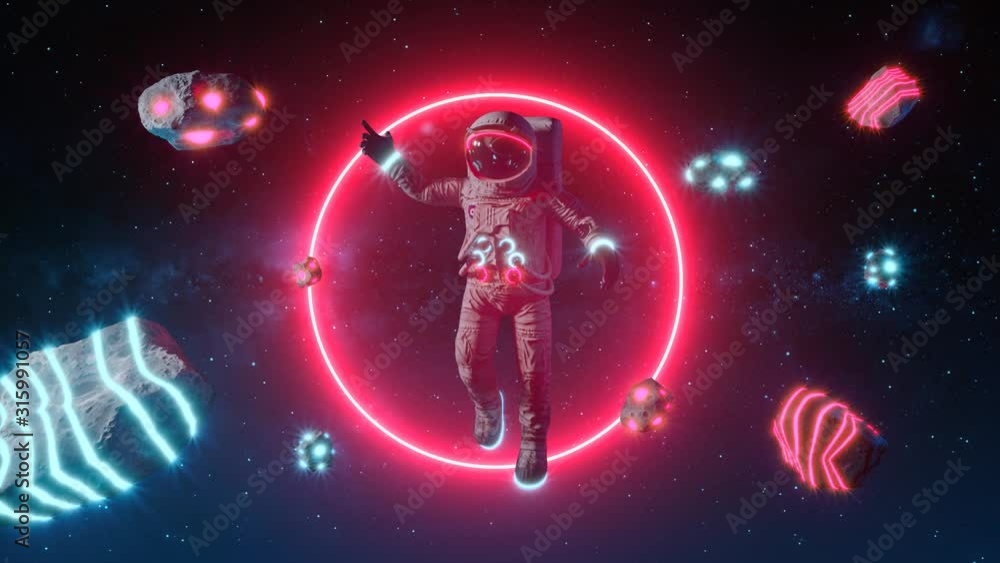 Poster astronaut with neon lights asteroids in space. space background. retro dance party. seamless loop