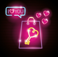 shopping bag in neon light, valentine day vector illustration design