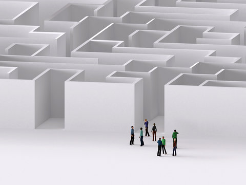 Labyrinth Life Tasks Concept Design - Maze with Incoming Group of People - Symbol of Social Crisis, Solutions of Problem, Search of Path - 3d Image 