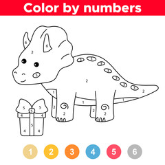 Coloring page by numbers. Educational game for preschool kids. Cute kawaii dinosaur triceratops with gift box. Birthday theme.